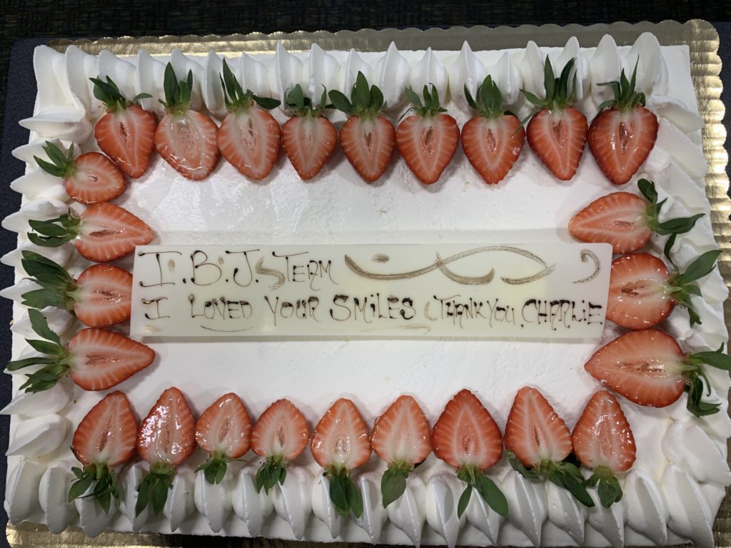 cake from Charlie, given to the IBJI staff as a thank you after total knee replacement surgery